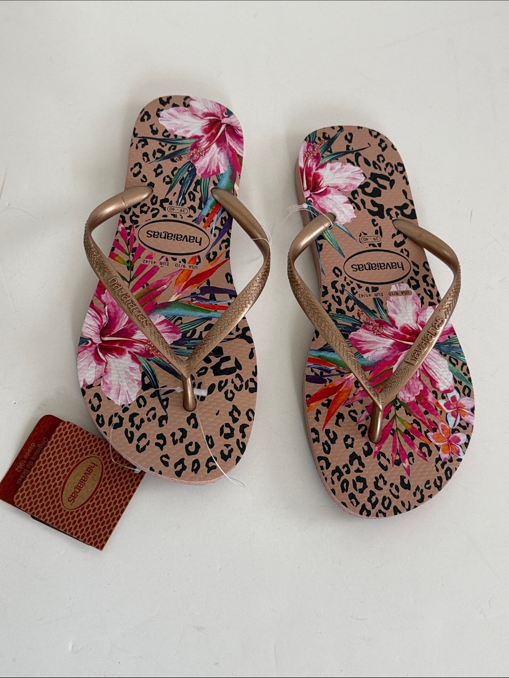 Havaianas Women's Pink Floral & Leopard Print Flip Flops with Gold Straps